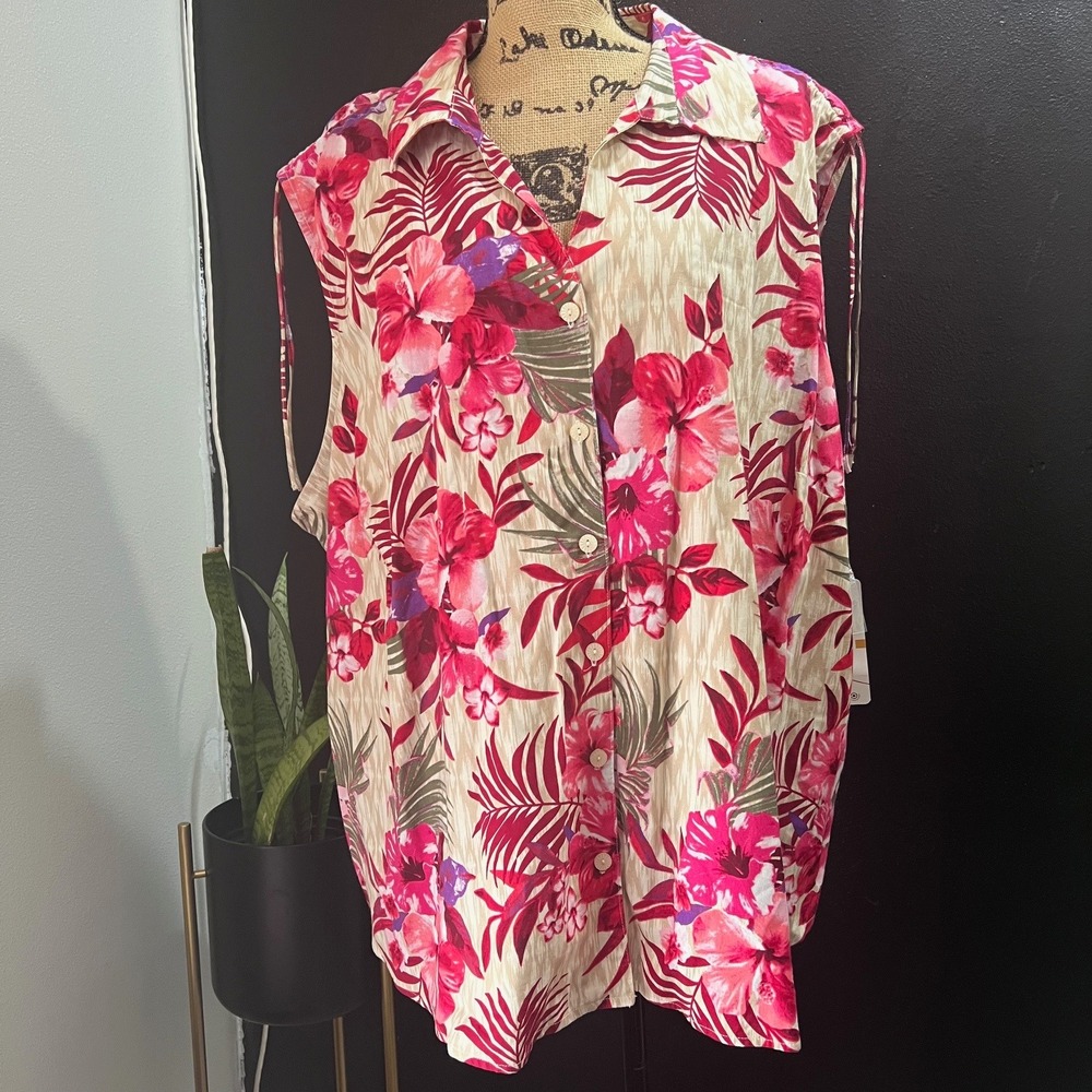 Erika Woman 3X Floral‎ Sleeveless Button Down Top Plus Size Blouse